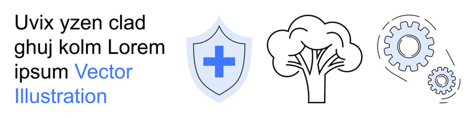 Obraz premium Healthcare, sustainability, innovation, environmental safety, technical processes, preventive care. A shield with a cross, a tree icon and gear symbols. Healthcare and sustainability concepts