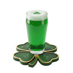Glass of green beer on a shamrock-shaped coaster, St. Patrick's Day isolated on transparent or white background, png
