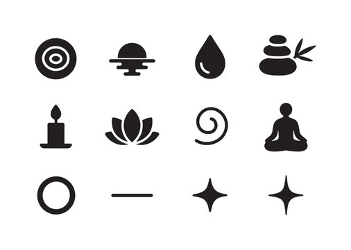 Zen Icon Collection. Zen reflections. Solid icon set of Zen reflections: ripple circle, reflection bar, water drop, zen stones, bamboo leaf, candle flame,