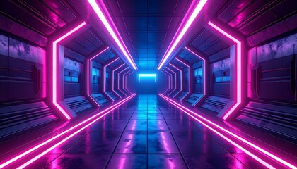 Futuristic Neon Corridor with Pink and Blue Lights.