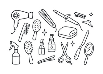 Hair Styling Essentials. Hair styling tools. Hand-drawn doodle illustration hair styling tools hairdryer, flat iron, curling wand, comb, brush, clips, spray