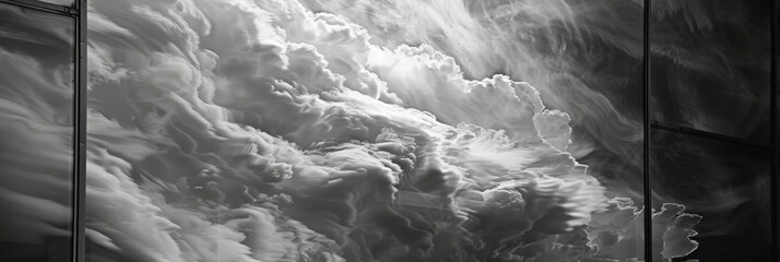 The fluid reflections of clouds in the windows of a skyscr resembling an abstract painting. Black and white art