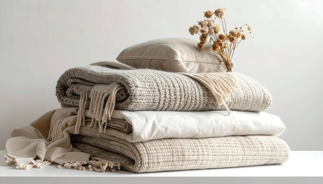 Cozy Stack of Textured Blankets and Pillow with Dried Flowers.