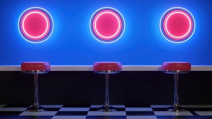 A retro diner with neon pink circular lights and red stools.