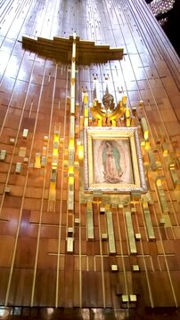 Sacred mantle of the Our Lady of Guadalupe in the Basilica of Our Lady of Guadalupe. Tilma of Juan Diego.