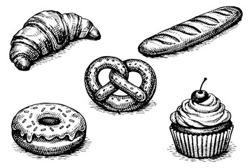Hand drawn line art bakery set featuring a croissant, baguette, pretzel, donut and cupcake for food illustrations