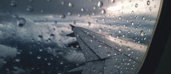 An airplane wing view through a rain-covered window, dramatic clouds visible in the sky