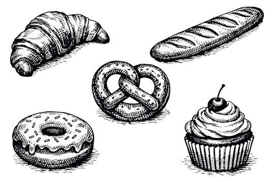 Hand drawn line art bakery set featuring a croissant, baguette, pretzel, donut and cupcake for food illustrations