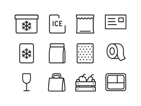 Food Shipping Icons. Food shipping packaging. Line icon set of Food shipping packaging: insulated box, ice pack, thermal liner, shipping label, cold pack,
