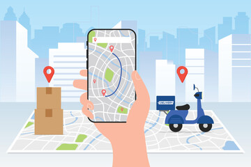 Delivery service motorcycle on map. Online app tracking, city background