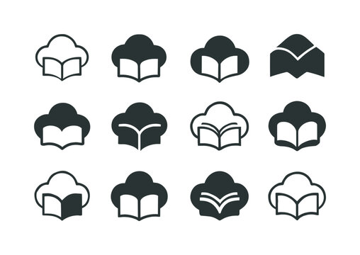 Cloud Book Logos. book in the clouds. Icon set. Set Logo of book in the clouds: floating open book. harmonious logo variations of the same emblematic concept,