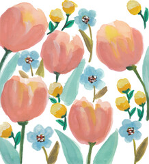 Vibrant Hand-Drawn Spring Tulips and Wildflowers
