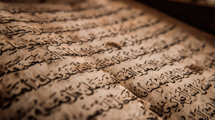 Close-up view of ancient arabic script on aged parchment.