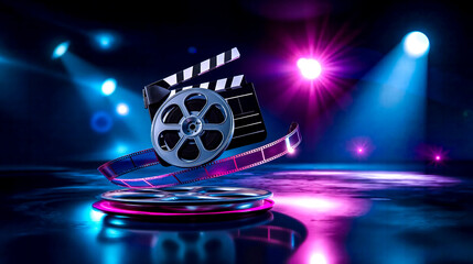 A clapper board and film reel on a stage with spotlights