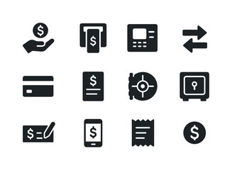 Banking Icon Set. Banking services. Solid icon set of banking services: deposit icon, withdrawal icon, ATM machine, transfer arrows, credit card,