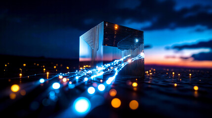 A 3D rendering of a cube with a network of lights coming out of it