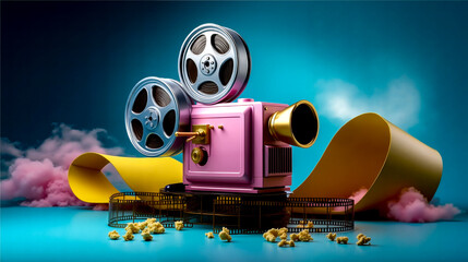 A pink movie projector sitting on top of a table surrounded by popcorn