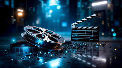 A clapper board and a film reel on a table in a dark room