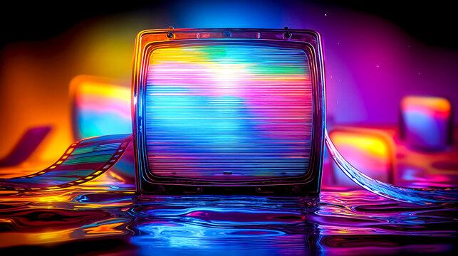 A television set sitting on top of a table with a film strip in the water - Powered by Adobe