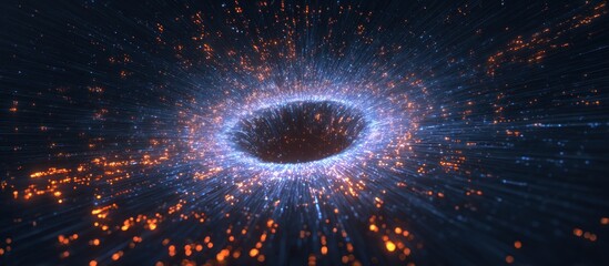A black vortex surrounded by blue and orange particles exploding outward in a dark field