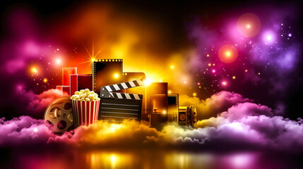 A movie clapper board popcorn film reel and movie clapboard in the clouds