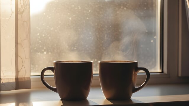 A close-up shot captures two identical dark-colored mugs, from which delicate wisps of steam gently rise, indicating a hot beverage inside. The mugs are positioned side-by-side on a light-colored wind