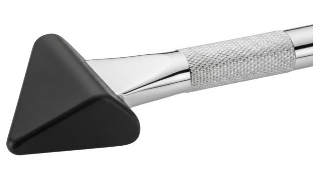 Png isolated transparent background Black triangular tip tool with textured silver handle on black background - Powered by Adobe