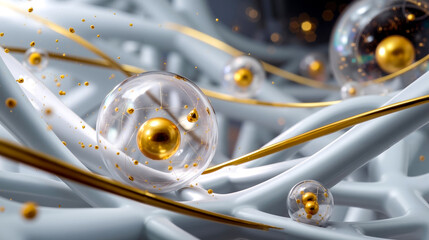 A close up of a bunch of spheres and gold lines