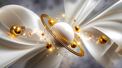 An illustration of a white and gold saturn with a ring around it
