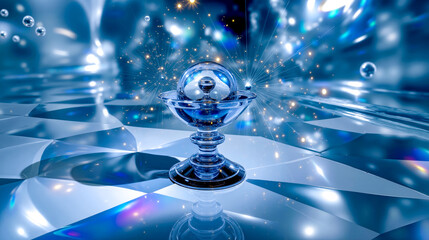 A glass bowl with a crystal ball on top of it
