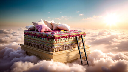 A bed in the clouds with a ladder going up to the top of it