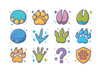 Fototapeta premium Colorful Animal Footprints. Animal Footprints. Colorful isometric vector icons set of Animal Footprints: elephant footprint, lion paw, zebra hoof, giraffe