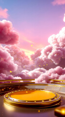 A pink sky with clouds and a gold ring in the middle of it