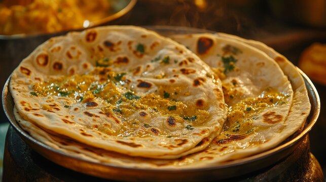 A mouth-watering stack of paneer parathas sizzling on a griddle with melted butter and fresh herbs.