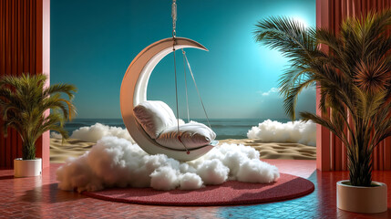 A hanging chair in the middle of a room with a view of the ocean