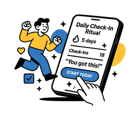 Daily Check-In Ritual. Daily Check-In Ritual. A floating smartphone with minimalist app UI showing streaks, check-ins, and motivational quotes. A hand taps