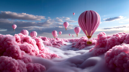 A group of hot air balloons flying through the sky above the clouds