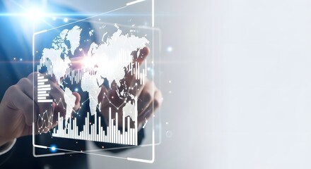 Business person interacting with virtual screen showing world map and growth bar graphs, global corporate strategy and data analysis