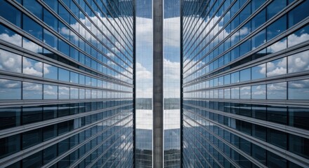 Obraz premium A mirrored symmetrical view of a modern skyscraper's facade reflecting a blue sky with white clouds