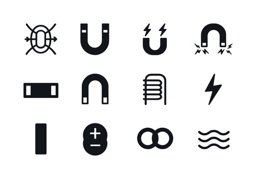 Magnetic Icon Set. Magnetic force. Solid icon set of magnetic force: field lines, arrows, magnet pull, magnet push, bar magnet, horseshoe magnet, coil, spark