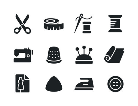 Tailoring Tools Icons. Tailoring tools. Solid icon set of tailoring tools: scissors, measuring tape, needle, thread spool, sewing machine, thimble, pins,
