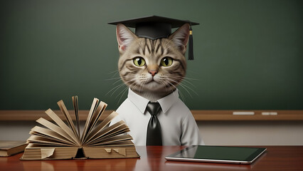 Intelligent cat in graduation cap sits at classroom desk with books and tablet