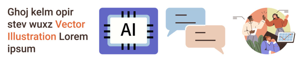 Technology, innovation, teamwork, data analysis, machine learning, digital communication. AI chip with text, chat bubbles and a team collaborating. Technology and innovation concept