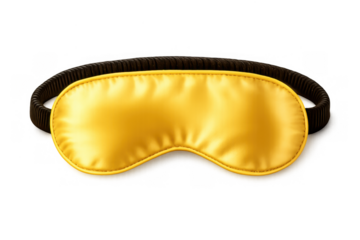 Golden satin sleep mask for deep relaxation, eyeshade accessory promoting comfort and restful sleep, transparent background
