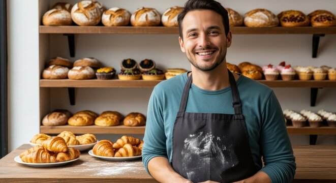 Smiling baker in apron stands proudly in a warm, inviting bakery surrounded by freshly baked bread and pastries - Powered by Adobe