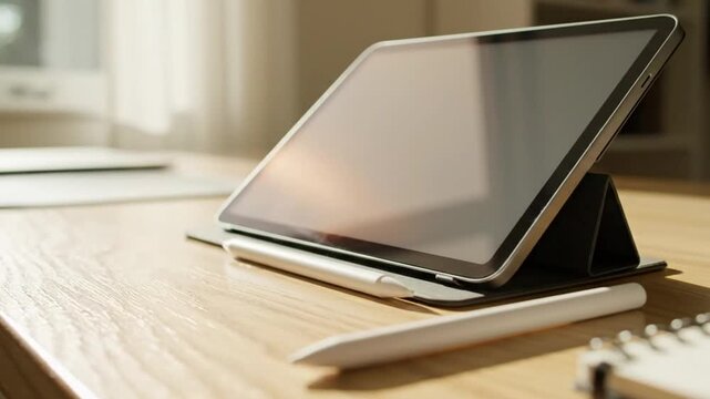 Modern workspace with tablet, stylus, and notebook on a bright wooden desk setup for productivity