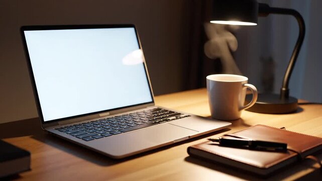 Cozy Workspace: Laptop, Coffee, and Notepad on a Desk with Warm Lighting, Perfect for Creative