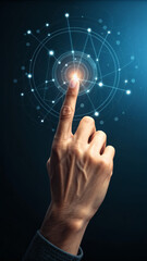 A human hand interacts with a glowing network of interconnected digital points