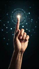 A human finger touches a glowing digital network interface in darkness