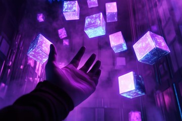 Mystical cubes floating above hand, illuminated with vibrant light